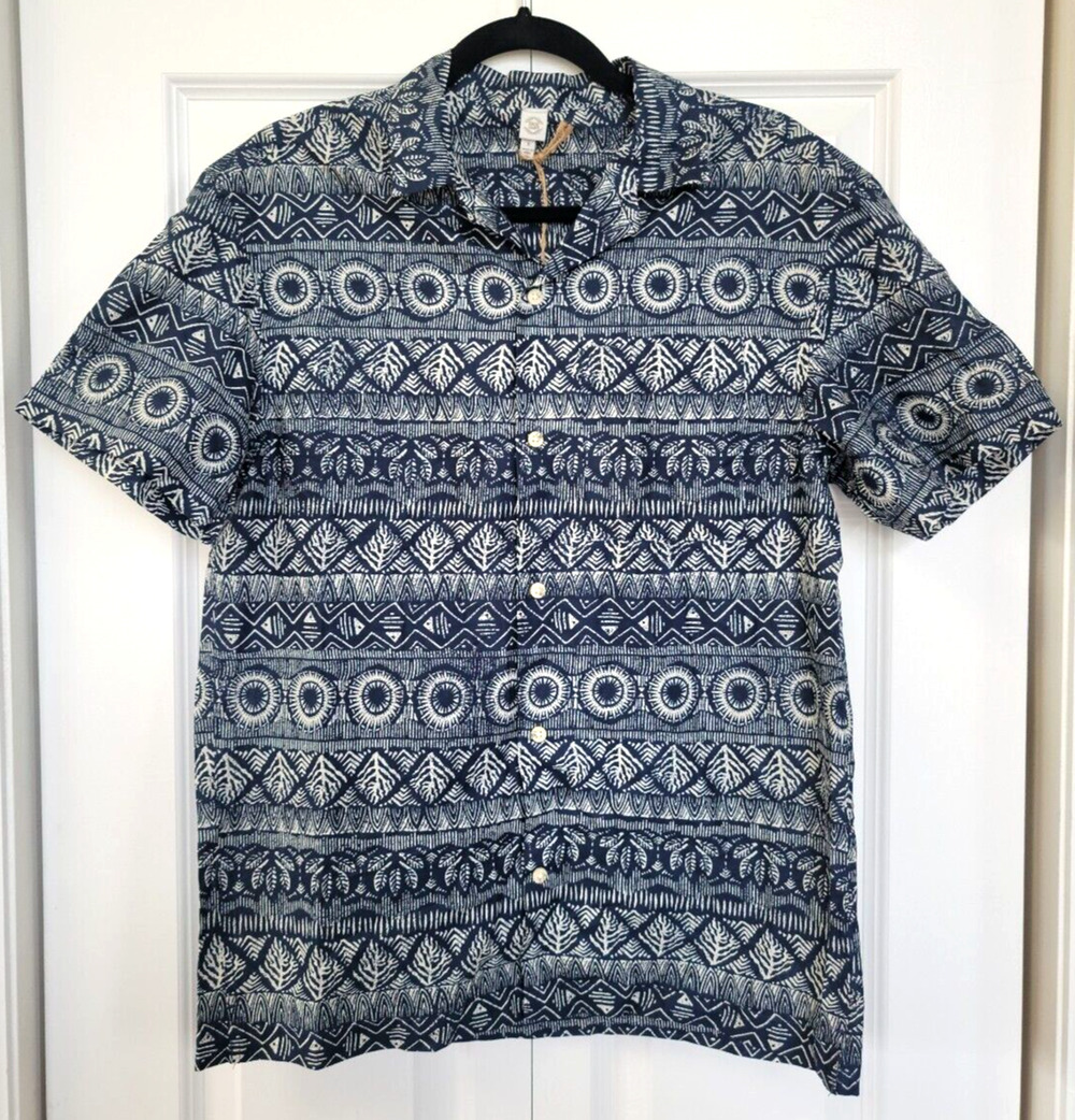 True Craft Men's Small Resort Vacation Hawaiian Cotton Button Down Shirt Blue